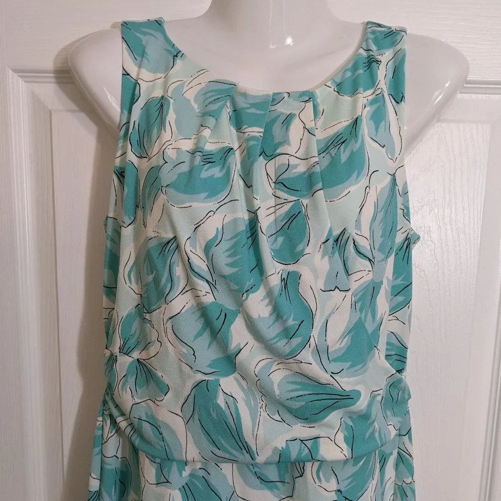 Ann Taylor Sea Blue White Petal Print Faux Wrap Sleeveless Midi Dress - size MP - Picture 4 of 10
